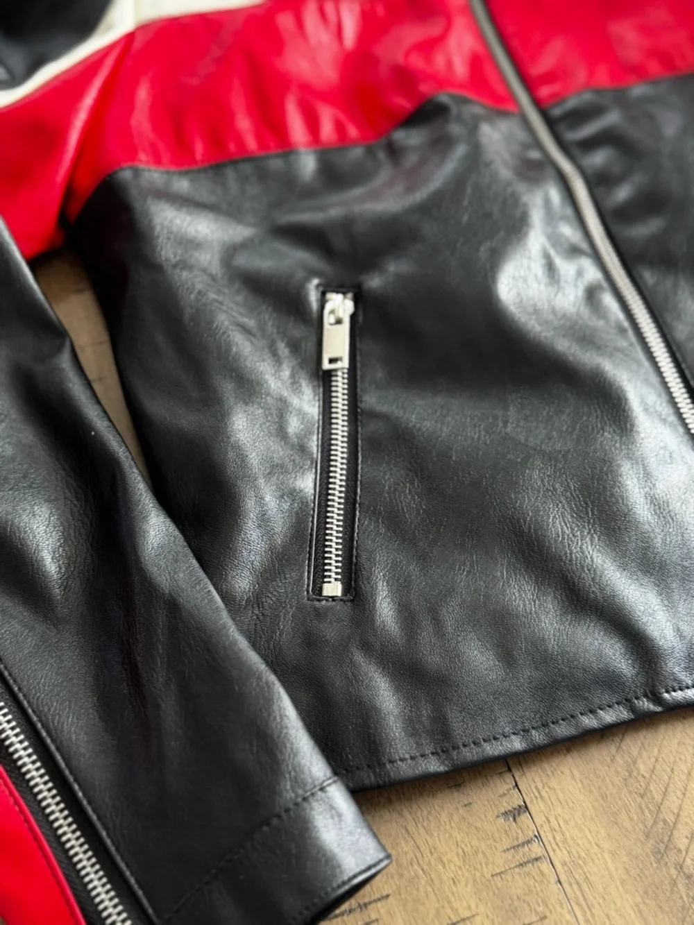 Forever 21 Black, Red & White Leather-Style Racing Jacket